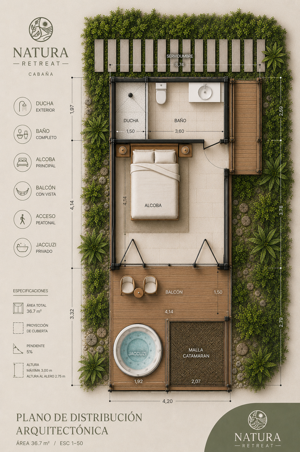 Plano de distribución arquitectónica — Cabaña Natura Retreat · 36.7 m²