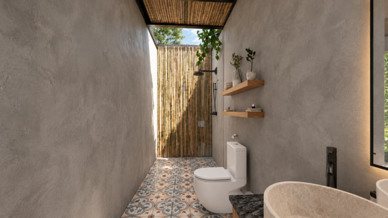 Cabaña de Natura Retreat — render arquitectónico aprobado, vista 3