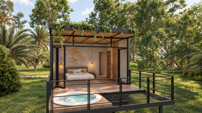 Cabaña de Natura Retreat — render arquitectónico aprobado, vista 5
