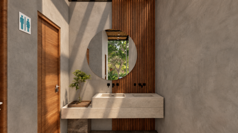 Restaurante de Natura Retreat — render arquitectónico aprobado, vista 1