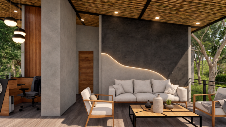 Restaurante de Natura Retreat — render arquitectónico aprobado, vista 2