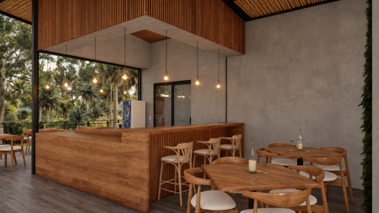 Restaurante de Natura Retreat — render arquitectónico aprobado, vista 4