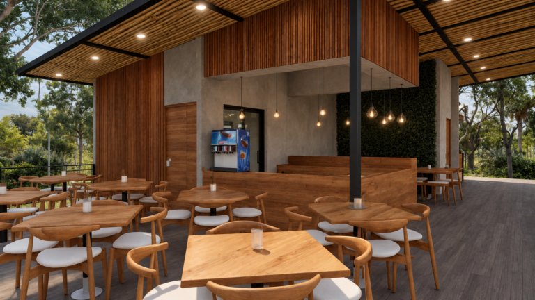 Restaurante de Natura Retreat — render arquitectónico aprobado, vista 5