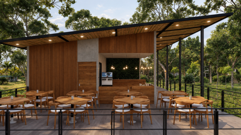 Restaurante de Natura Retreat — render arquitectónico aprobado, vista 6