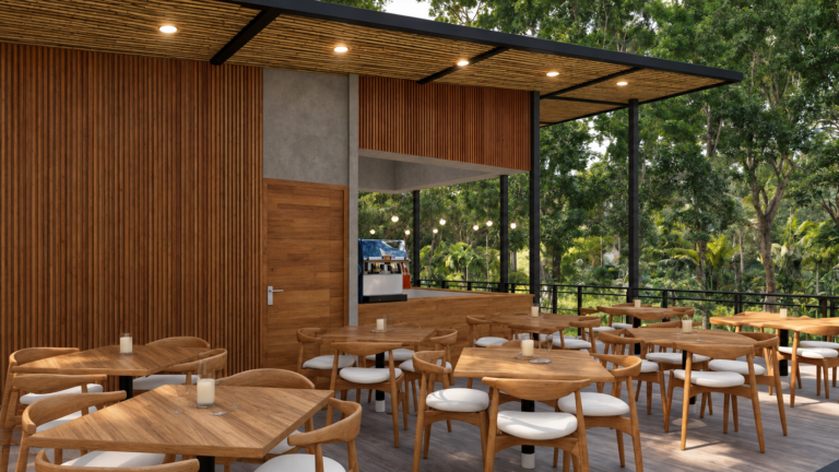 Restaurante de Natura Retreat — render arquitectónico aprobado, vista 7