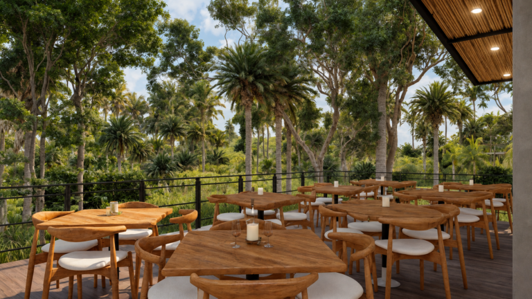 Restaurante de Natura Retreat — render arquitectónico aprobado, vista 8